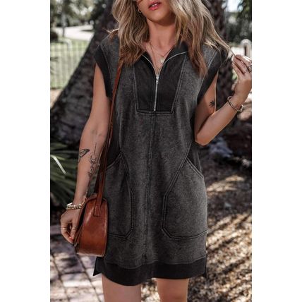 Black Quarter Zip Pocketed Cap Sleeve Sweatshirt Dress
