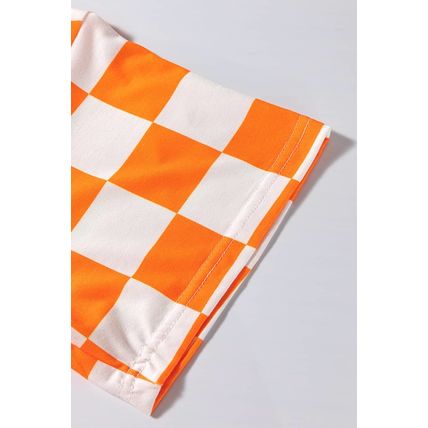 Orange Checkerboard Print V Neck Loose Tee and Shorts Lounge Set