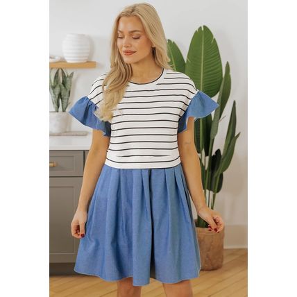 Black Stripe Ruffle Denim Patchwork Round Neck Mini Dress