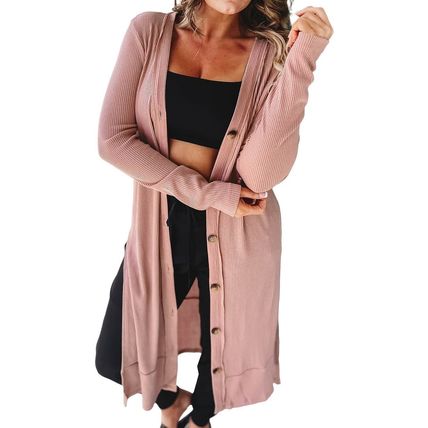 Pink Ribbed Button-Up Split Duster Cardigan
