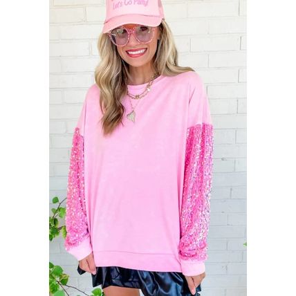 Pink Sequin Patchwork Long Sleeve Pullover Top