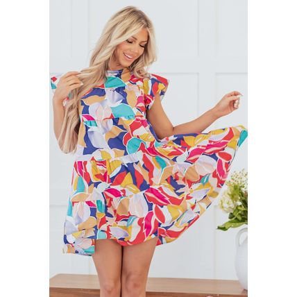 Pink Abstract Printed Ruffled Flutter Sleeve Tiered Mini Dress