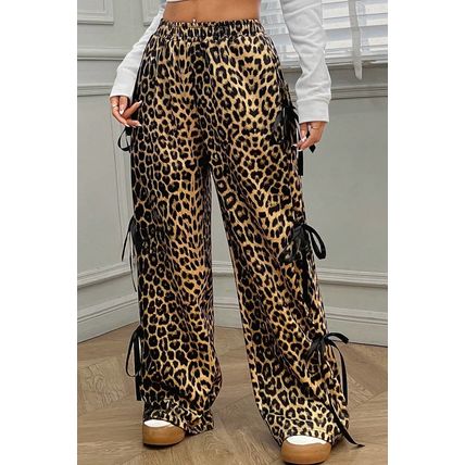Brown Leopard Print Bow Tie Drawstring Elastic Waist Loose High Waist Pants