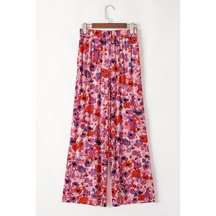Purple Floral Wide Leg Elastic High Waist Pants