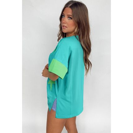 Aruba Blue Frayed Denim Star Patched Oversize T Shirt