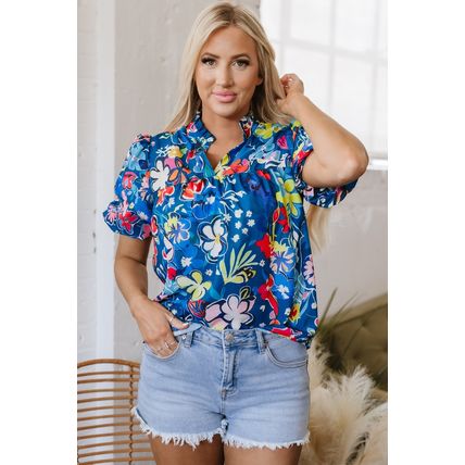 Blue Flower Print Collared V Neck Puff Short Sleeve Loose Blouse