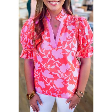 Red Floral Split V Neck Ruffled Short Sleeve Blouse Top
