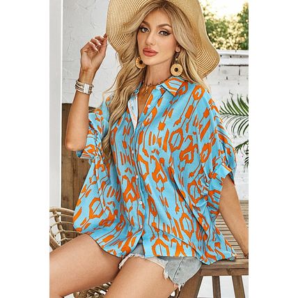 Sky Blue Abstract Print Dolman Short Sleeve Western Loose Shirt
