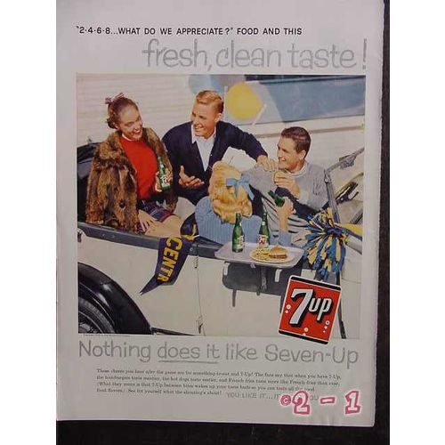 7UP 1958 teens Seven Up bottles drive-in vintage ad