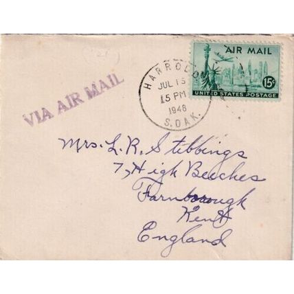 United States 1948 Harrold SDAK-Farnborough UK Cover Harrold cancel written VGC