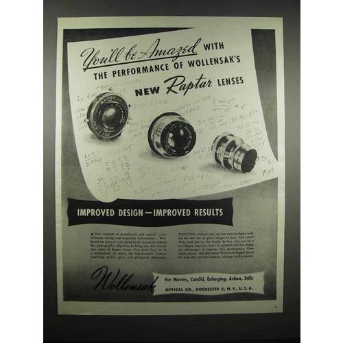 1947 Wollensak Raptar Lenses Ad - Be Amazed