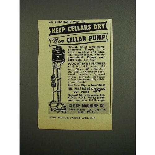 1949 Globe Machine Co. Cellar Pump Ad - Keep Dry
