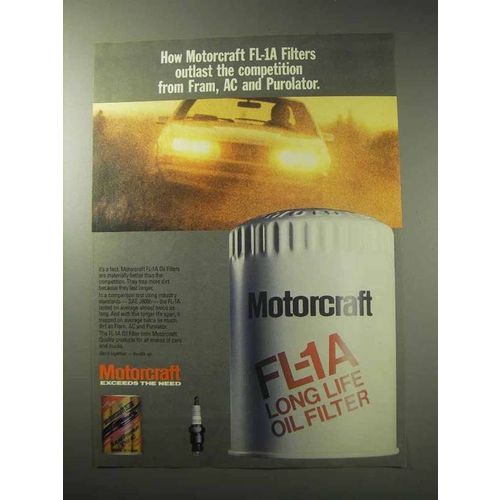 1985 Motorcraft FL-1A Long Life Oil Filter Ad - Outlast