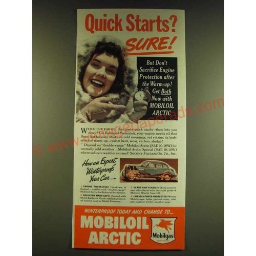 1939 Mobil MobilOil Arctic Motor Oil Ad - Quick Starts? Sure!