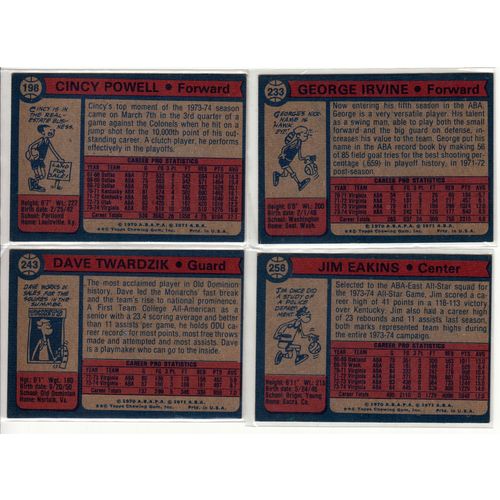FOUR 1974-75 Topps Virginia Squires cards 198, 233, 243, 258