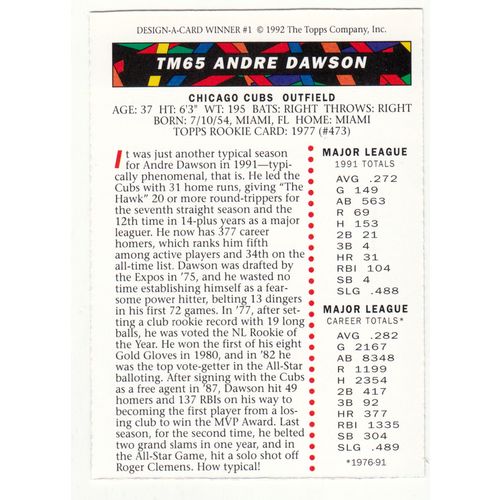 1992 Topps Magazine baseball TM65 Andre Dawson insert card –NM- Cubs