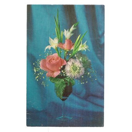 FLOWERS IN A WINE GLASS ..used vintage postcard by Salmon..1977 postmark =