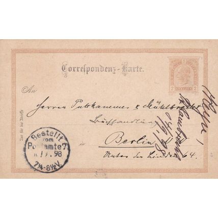 Austria 1898 Vienna to Berlin 2h Postal card Postamte 7 cancel written VGC