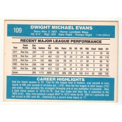1982 Donruss baseball card 109 Dwight Evans