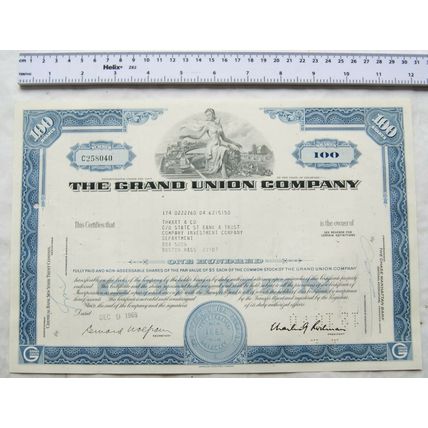 1969 share certificate The Grand Union Company - 100 Thwart & Co., Boston, Mass