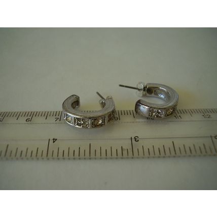 Vintage Earrings White Crystal Half Hoops Pierced Small Retro Studs