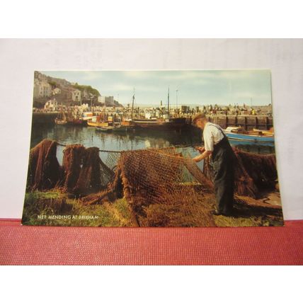 NET MENDING AT BRIXHAM, DEVON unused postcard by J Salmon dated 1984 =