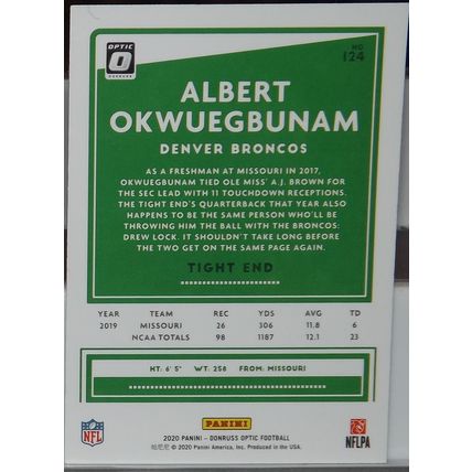 2020 Donruss Optic ALBERT OKWUEGBUNAM (Broncos) Rookie Card #124