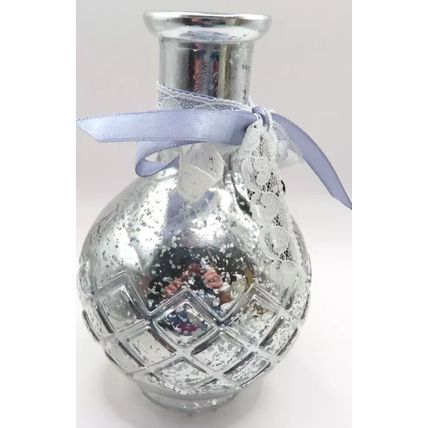 Bud Vase Shabby Chic Antique Silver Colour Grey Bow & Key Charms Glass 15.5 CM