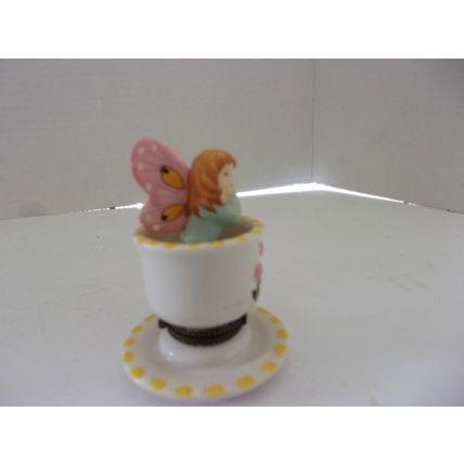 Miniature Tea Cup Fairy In Cup Trinket Box 3" high