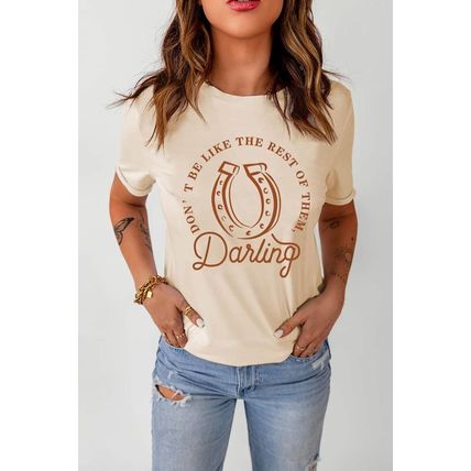 Khaki Darling Letter Graphic Print Short Sleeve T Shirt