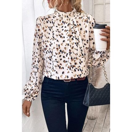 White Leopard Print Lantern Sleeve Mock Neck Pleated Blouse