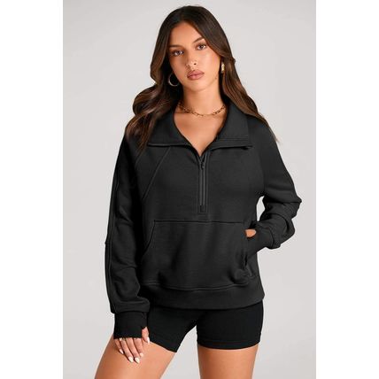 Black Quarter Zip Stand Neck Kangaroo Pocket Sweatshirt