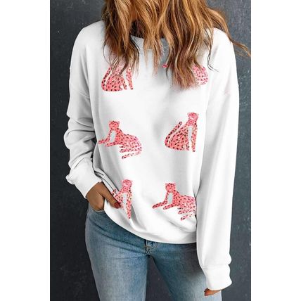 Beige Sequin Cheetah O Neck Drop Shoulder Sweatshirt