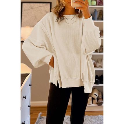 White Waffle Knit Bishop Sleeve Split Oversized Sweatshirt