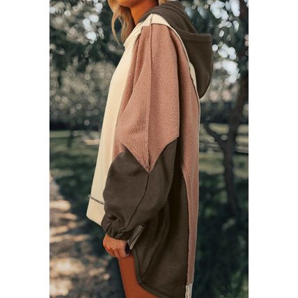 Beige Oversized Color Block Patchwork High Low Hoodie