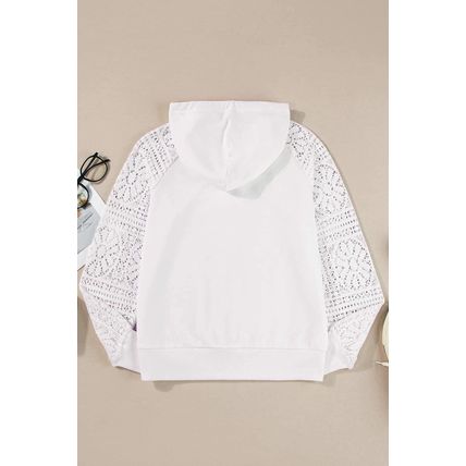 White Lace Patchwork Sleeve Drawstring Hoodie