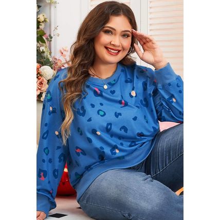 Sky Blue Leopard Ribbed Edge Drop Shoulder Pullover Sweatshirt