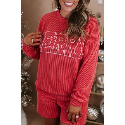 Racing Red MERRY Ribbed Knit Long Sleeve Lace-up Waist Plus Size Set