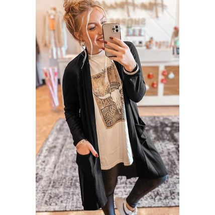 Black Solid Color Open Front Cardigan with Pocket