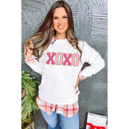 White XOXO Glitter Chenille Cable Knit Pullover Sweatshirt