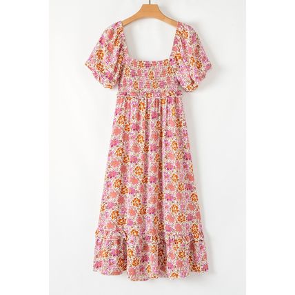 Pink Floral Square Neck Knotted Ruffle Midi Dress