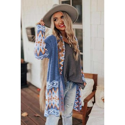 Blue Aztec Print Open Front Knitted Cardigan