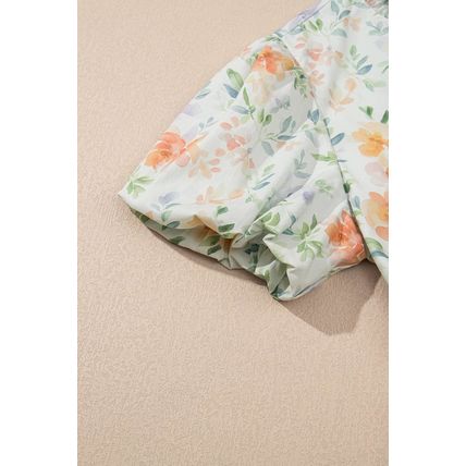 Beige Floral Print Shirred High Waist Puff Sleeve Mini Dress