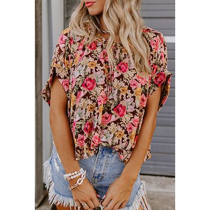 Pink Floral Print Crew Neck Short Sleeve Shift Blouse