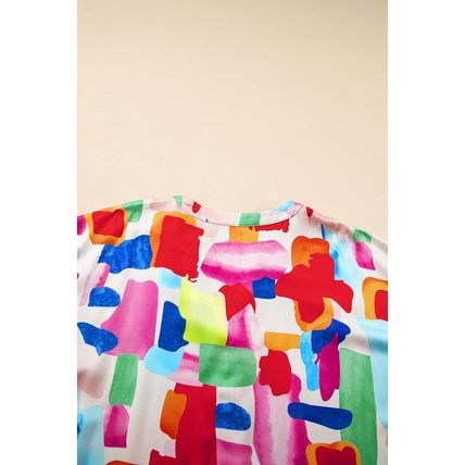 Colorful Brush Stroke Printed Plus Size Button Split Neck Blouse