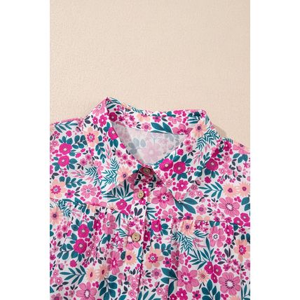 Pink Floral Collared Half Placket Short Sleeve Loose Dress