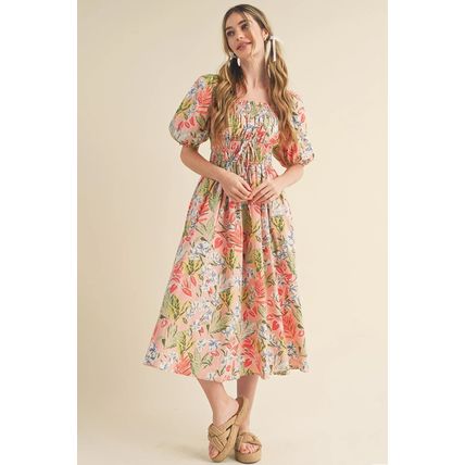Apricot Pink Floral Smocked Bust Bubble Short Sleeve Maxi Dress