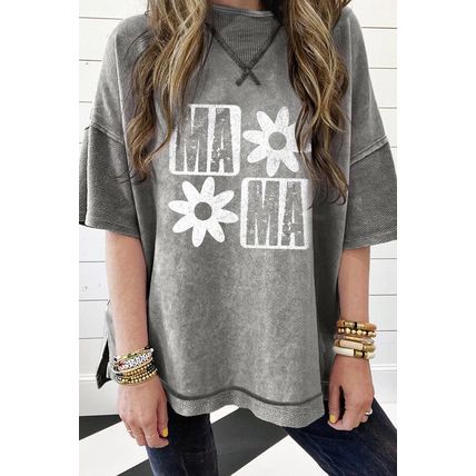 Philippine Gray MAMA Daisy Flower Graphic Mineral Wash Drop Shoulder Vintage Tee