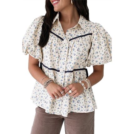 White Contrast Trim Floral Puff Short Sleeve Shirt