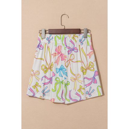 White Cheerful Bow Print Elastic Pull On Casual Shorts